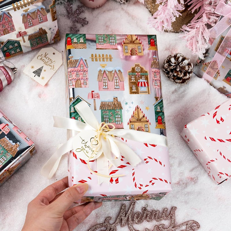 Yarcony Christmas Wrapping Paper Roll, Gingerbread House Wrapping Paper, Metallic Foil Adorable Village and Candy Cane Design Christmas Gift Wrap for Holiday, Winter Celebration (17 Inch X 33 Feet) - Image 5